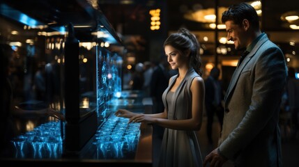 Fototapeta premium Futuristic Interaction with Hologram Receptionist in Modern Setting