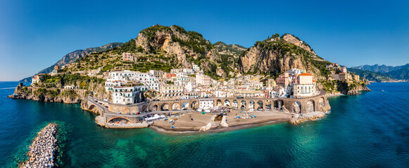 Aerial view of Atrani famous coastal village located on Amalfi Coast, Italy. Small town Atrani on...