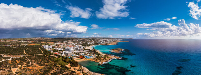 Aerial view of beautiful Nissi beach in Ayia Napa, Cyprus. Nissi beach in Ayia Napa famous tourist...