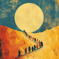  A minimalist illustration of Moses leading the Hebrew people through the desert, using simple lines and shapes to convey the essence of the journey
