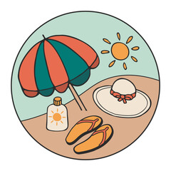 Vector motivational emblem with sun, Beach umbrella, hat, flipflop, sunscreen for Summer vacation, travel, beach elements. Hand drawn vector doodles in flat style.