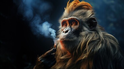 Obraz premium Close-Up Portrait of a Mandrill Smoking in a Surreal Setting