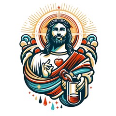 A Jesus christ holding a glass of liquid art lively card design used for printing art