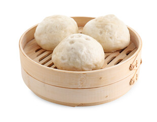 Fototapeta na wymiar Delicious chinese steamed buns in bamboo steamer isolated on white