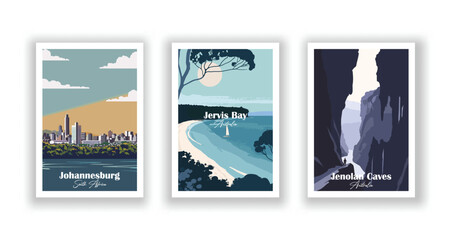 Fototapeta premium Jenolan Caves, Australia, Jervis Bay, Australia, Johannesburg, South Africa - Set of 3 Vintage Travel Posters. Vector illustration. High Quality Prints