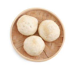 Delicious chinese steamed buns isolated on white, top view