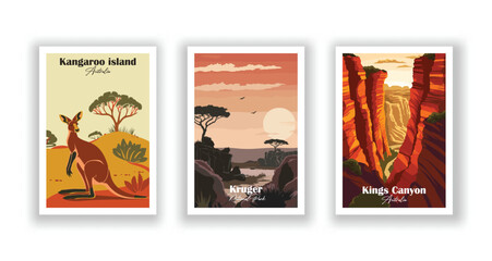 Kangaroo island, Australia, Kings Canyon, Australia, Kruger, National Park - Set of 3 Vintage Travel Posters. Vector illustration. High Quality Prints