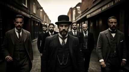 Gangster Style Group of Men in 1800s and Early 1900s Attire Walking Down an Alley