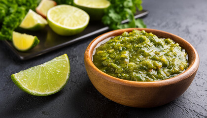 Bowl of delicious green salsa Verde sauce on dark table. Fresh and tasty semi-solid food. Close-up.