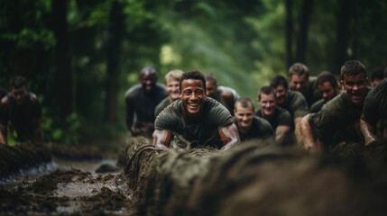Group of People Playing Tug of War During Obstacle Training in Forest