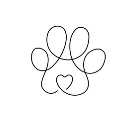 Vector isolated paw print with heart one single contemporary line colorless black and white contour line easy drawing © MariMuz