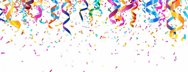 Fototapeta premium Colorful Confetti and Ribbons Falling on White Background: Vector Illustration for Celebration or Party Design