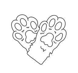 Vector isolated two cat paws in hears shape colorless black and white contour line easy drawing