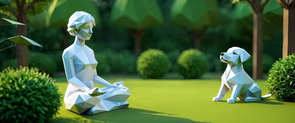 Serene setting depicting a white origami human figure meditating beside an origami dog in a lush green park.