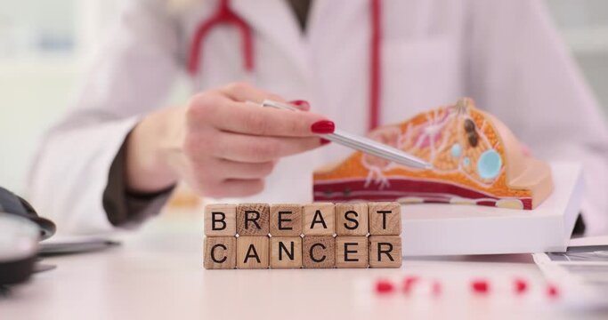 Words Breast Cancer made of wooden cubes against doctor pointing pen to model of affected breast. Woman explains female diseases in clinic slow motion