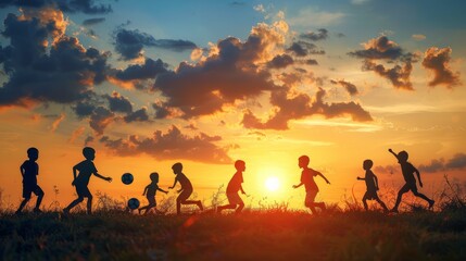 Silhouette action sport outdoors of a group of kids having fun playing soccer football for exercise in community rural area under the twilight sunset.