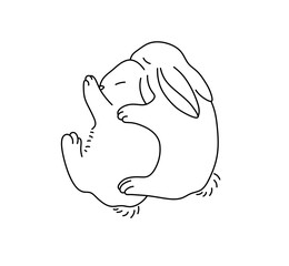 Vector isolated two cute sleeping rabbits colorless black and white contour line easy drawing