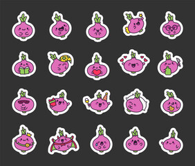 Cute kawaii onion. Sticker Bookmark. Funny cartoon character. Hand drawn style. Vector drawing. Collection of design elements.