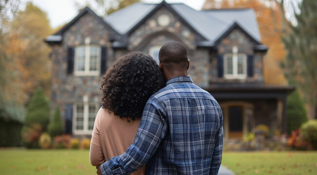 Rear view of a joyful African-American couple embracing as they admire their newly purchased home, symbolizing the achievement of property ownership.