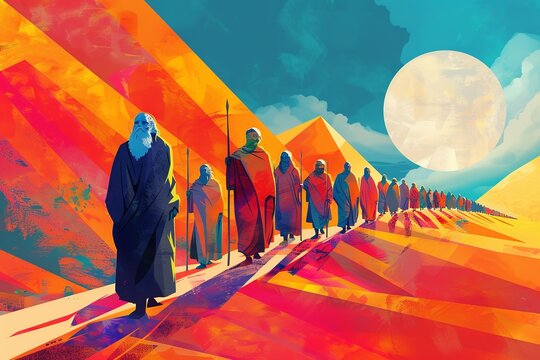  A minimalist illustration of Moses leading the Hebrew people through the desert, using simple lines and shapes to convey the essence of the journey