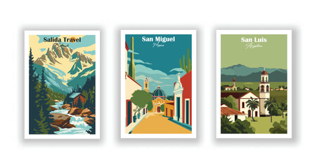 Obraz premium Salida Travel, Colorado, San Luis, Argentina, San Miguel, Mexico - Set of 3 Vintage Travel Posters. Vector illustration. High Quality Prints