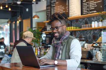 A cheerful Black man typing on his laptop in a bustling coffee shop, symbolizing the flexibility and inclusivity of remote work.