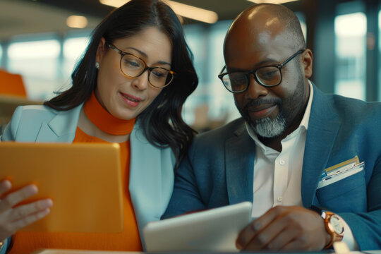 A contented professional duo consisting of a Latino woman and an African American man, utilizing digital tablet technology to discuss financial market data during a corporate office meeting.