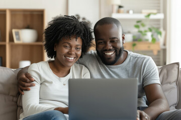 A happy African American middle-aged couple is using a laptop together while relaxing on the couch at home. The smiling mature man and woman look at the computer screen, watching a video, browsing, or