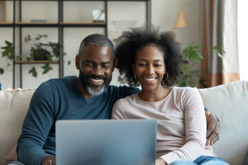A happy African American middle-aged couple is using a laptop together while relaxing on the couch at home. The smiling mature man and woman look at the computer screen, watching a video, browsing, or