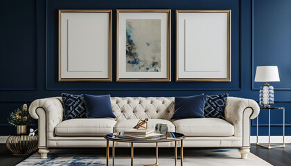 Triple blank frames, indigo wall, cream chesterfield sofa, art deco coffee table; ultra HD living room.