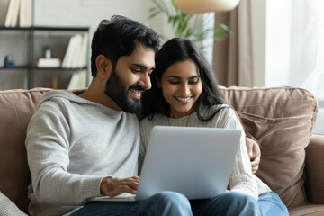 A happy Indian middle-aged couple is using a laptop together while relaxing on the couch at home. The smiling mature man and woman focus on the computer screen, watching a video, browsing, or shopping