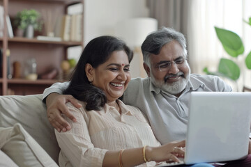 A happy Indian middle-aged couple is using a laptop together while relaxing on the couch at home. The smiling mature man and woman focus on the computer screen, watching a video, browsing, or shopping