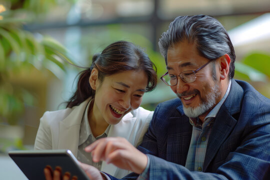 A happy business duo consisting of an Indian woman and a Japanese man, actively working with a digital tablet to discuss financial market data during a corporate office meeting.