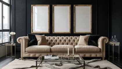 Triple blank frames, midnight black wall, beige tufted sofa, glass coffee table; ultra HD living room.
