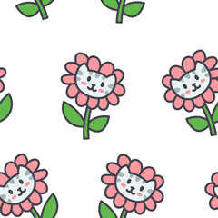 Kawaii flower cat. Seamless pattern. Cute pet animal cartoon character. Hand drawn style. Vector drawing. Design ornaments.