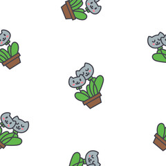 Kawaii flower cat. Seamless pattern. Cute pet animal cartoon character. Hand drawn style. Vector drawing. Design ornaments.