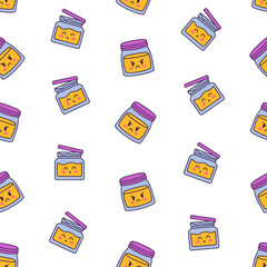 Cute kawaii honey jar. Seamless pattern. Glass pot character. Hand drawn style. Vector drawing. Design ornaments.