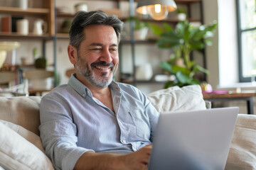 A happy Latino middle-aged man is using a laptop while sitting on the sofa at home. The mature older user gazes at the computer screen, browsing the internet and engaging in ecommerce shopping on a