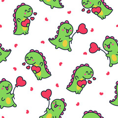Cute smiling kawaii dinosaur. Seamless pattern. Cartoon funny dino characters. Hand drawn style. Vector drawing. Design ornaments.