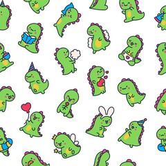 Cute smiling kawaii dinosaur. Seamless pattern. Cartoon funny dino characters. Hand drawn style. Vector drawing. Design ornaments.