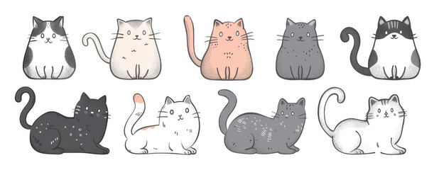 Cute Cats Set, Pet Animal Symbols, Hand Drawn Cat Icons Silhouettes, Funny Kitten Character Drawings