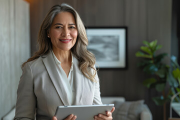 A smiling Hispanic mid-aged mature professional businesswoman banking manager, a 40s female executive or entrepreneur, confidently holds a fintech tab digital tablet while standing in her office at