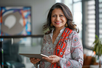 A smiling Indian mature businesswoman executive, a content 40-year-old company HR, confidently holds a digital tablet and looks at the camera while standing in her office at work. Portrait.