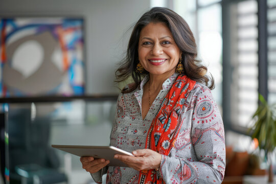 A smiling Indian mature businesswoman executive, a content 40-year-old company HR, confidently holds a digital tablet and looks at the camera while standing in her office at work. Portrait.