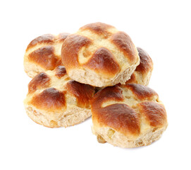 Tasty hot cross buns isolated on white