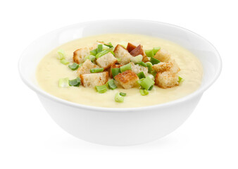Tasty potato soup with croutons and green onion in bowl isolated on white