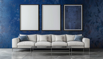 Triple blank frames, indigo wall, ivory sofa, low-profile metal table; ultra HD living space.