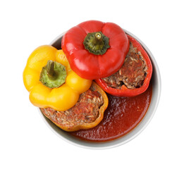 Delicious stuffed bell peppers isolated on white, top view