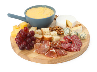 Fondue with tasty melted cheese and different snacks isolated on white