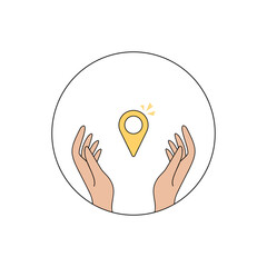 Hands holding a location pin icon with circular outline